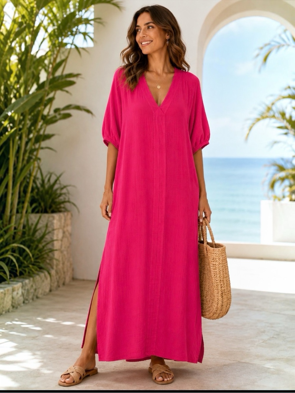 LAKE NWT Gauze Caftan Heatwave Fuchsia Pink Cotton Maxi Dress M